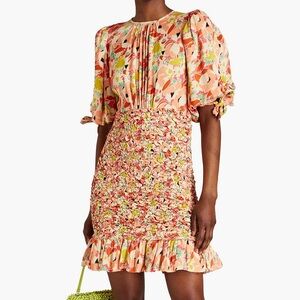 byTiMo Smocked Skirt Pink Floral Crepe Satin Puff Sleeve Ruffle Hem Dress